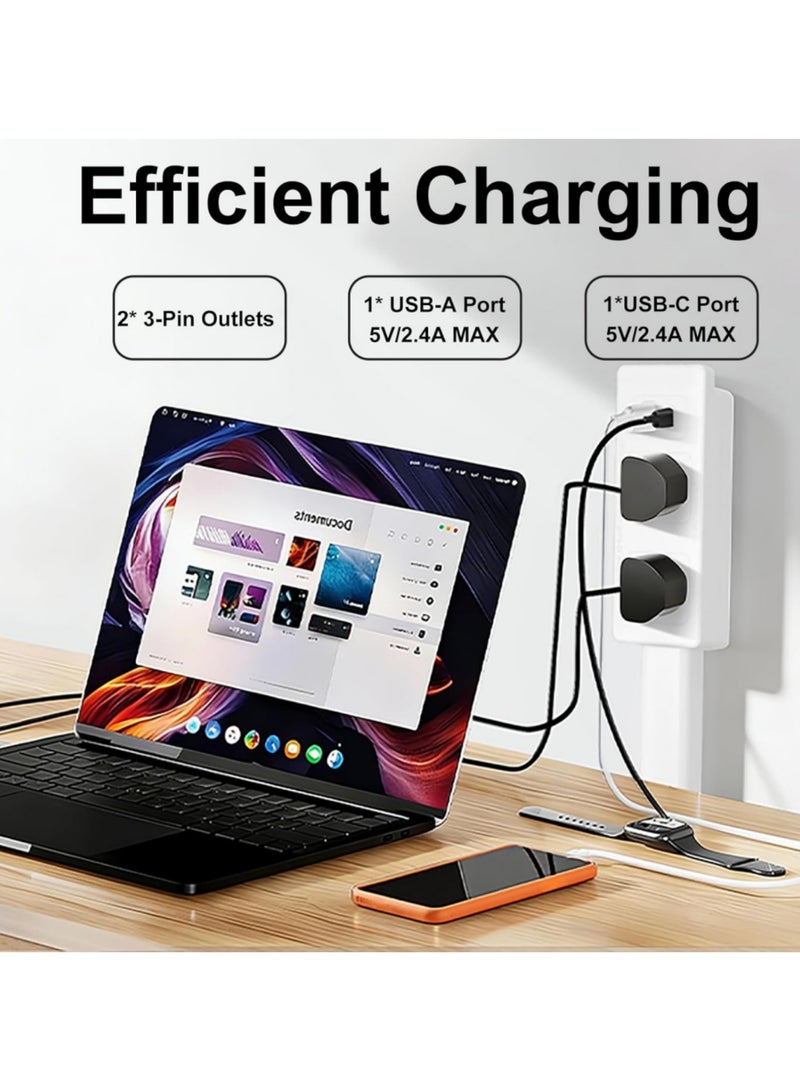 Adando Electrical Outlet Extender Socket with 180° Rotating, 1500W Power Stick with 2 AC, USB-A & USB-C Ports, 71.5cm Extendable Extension Cord Strip, Access Hard-to-Reach Outlets Use Behind Couches, Desk (White) - Image 4